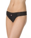 Lace trim, bow detail, cotton gusset, hits at hip. Style #722100