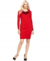 Jones New York dresses up a charismatic red shift with beautiful beading at the neckline.