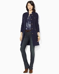 Steeped in military inspiration, this chic lambswool-blend sweater coat is finished with gold-tone buttons and epaulets at the shoulders. Steeped in military inspiration, this chic lambswool-blend sweater coat is finished with gold-tone buttons and epaulets at the shoulders.