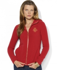 Show your sporty sophistication in Lauren Ralph Lauren's full-zip fleece hoodie that features an attached hood for warmth and a signature crest for style. Show your sporty sophistication in Lauren Ralph Lauren's full-zip fleece hoodie that features an attached hood for warmth and a signature crest for style.