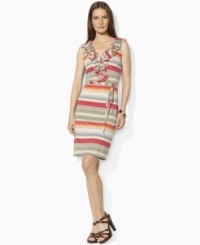 Imbued with breezy, warm-weather style and alternating stripes, Lauren Jeans Co.'s  feminine dress is crafted from soft stretch Pima jersey with a self-tie belt and airy ruffles at the placket for a flirty flair.