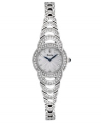 Sparkling circles link together on this glittering watch by Bulova. Stainless steel bracelet and round case embellished with crystal accents. Stamped silver tone dial features crystal dot markers, two royal blue hands and logo at twelve o'clock. Quartz movement. Water resistant to 30 meters. Three-year limited warranty. Sparkling circles link together on this glittering watch by Bulova. Stainless steel bracelet and round case embellished with crystal accents. Stamped silver tone dial features crystal dot markers, two royal blue hands and logo at twelve o'clock. Quartz movement. Water resistant to 30 meters. Three-year limited warranty.