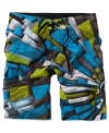 Quiksilver updates board shorts with a big, bold asymmetric pattern; sport-friendly, four-way stretch fabric; extra give at the seams; and Lycra at the inside front rise.