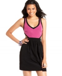 Sporty spice: contrast-color trims at the bodice bring athletic-wear-inspired style to this fun and sophisticated cutout dress from Ali & Kris! Sporty spice: contrast-color trims at the bodice bring athletic-wear-inspired style to this fun and sophisticated cutout dress from Ali & Kris!