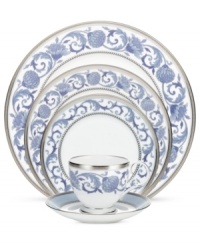 Set a tone of opulence and grace with the Sonnet in Blue place setting. Patterned platinum bands and powder-blue botanicals frame traditional bone china from Noritake. Set a tone of opulence and grace with the Sonnet in Blue place setting. Patterned platinum bands and powder-blue botanicals frame traditional bone china from Noritake.