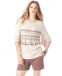 Dress like a street-chic cowgirl in this sweater from American Rag that boasts two-tone fringes and an awesome slub-knit design. Dress like a street-chic cowgirl in this sweater from American Rag that boasts two-tone fringes and an awesome slub-knit design.