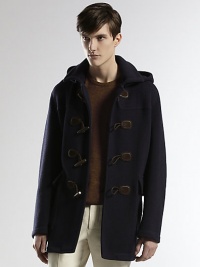 Double knit toggle coat shaped in a rich wool blend with detachable hood and suede and rope toggle placket for a heritage-inspired finish.Zip-frontDetachable hoodSide flap pocketsAbout 31 from shoulder to hem95% wool/5% polyamideDry cleanMade in Italy Double knit toggle coat shaped in a rich wool blend with detachable hood and suede and rope toggle placket for a heritage-inspired finish.Zip-frontDetachable hoodSide flap pocketsAbout 31 from shoulder to hem95% wool/5% polyamideDry cleanMade in Italy