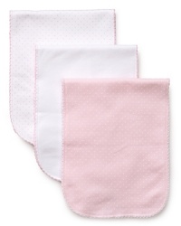 Bundled in a cute logo bag, these soft and absorbent burp cloths from Kissy Kissy are perfect for life's little clean-ups. Bundled in a cute logo bag, these soft and absorbent burp cloths from Kissy Kissy are perfect for life's little clean-ups.