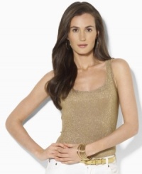Crafted with a hint of stretch for a body-conscious fit, Lauren by Ralph Lauren's tank transforms into an eye-catching essential with allover glittering metallic threads. Crafted with a hint of stretch for a body-conscious fit, Lauren by Ralph Lauren's tank transforms into an eye-catching essential with allover glittering metallic threads.