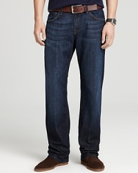 Relaxed fit, five pocket jeans in a dark wash. Signature squiggle pocket design on back pockets. Relaxed fit, five pocket jeans in a dark wash. Signature squiggle pocket design on back pockets.