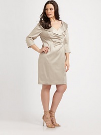 Stunning satin, a glam design with a hint of irresistible sheen, well-placed pleats and Princess seams for an unforgettable look.Shawl collarThree-quarter sleevesFlattering pleated details throughout bodicePrincess seamsBack zipperBack ventFully linedAbout 24 from natural waist78% acetate/19% nylon/3% spandexDry cleanImported Stunning satin, a glam design with a hint of irresistible sheen, well-placed pleats and Princess seams for an unforgettable look.Shawl collarThree-quarter sleevesFlattering pleated details throughout bodicePrincess seamsBack zipperBack ventFully linedAbout 24 from natural waist78% acetate/19% nylon/3% spandexDry cleanImported
