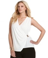 A draped front lends a flattering look to Calvin Klein's sleeveless plus size top-- it's a must-have for desk-to-dinner style! A draped front lends a flattering look to Calvin Klein's sleeveless plus size top-- it's a must-have for desk-to-dinner style!