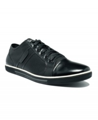 These Kenneth Cole leather men's sneakers get a revamped modern look in perforated leather with a smooth cap toe to put a little sleek in your step. These Kenneth Cole leather men's sneakers get a revamped modern look in perforated leather with a smooth cap toe to put a little sleek in your step.