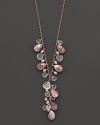 Clusters of faceted teardrops in mother-of-pearl and rose quartz add romance to a 14K yellow gold Y chain.