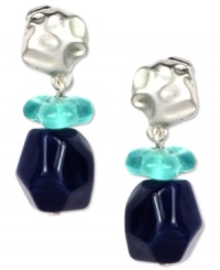 Rock out these cool drops from Jones New York. The teal tones of these resin beaded earrings lend a fun look. Set in worn silver tone mixed metal. Clip-on backing for non-pierced ears. Approximate drop: 1-1/2 inches. Rock out these cool drops from Jones New York. The teal tones of these resin beaded earrings lend a fun look. Set in worn silver tone mixed metal. Clip-on backing for non-pierced ears. Approximate drop: 1-1/2 inches.