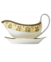 In 18th century England, Josiah Wedgwood, creator of the world famous Wedgwood ceramic ware, established a tradition of outstanding craftsmanship and artistry which continues today. The exotic India dinnerware pattern presents a pattern of exquisitely detailed, diminutive florals on a yellow and deep blue band against pure white bone china.