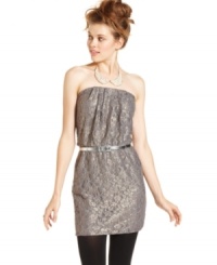 Party on: dusted in glitter and finished with a metallic belt, American Rag's lace sheath dress is a chic choice for a festive affair. Party on: dusted in glitter and finished with a metallic belt, American Rag's lace sheath dress is a chic choice for a festive affair.