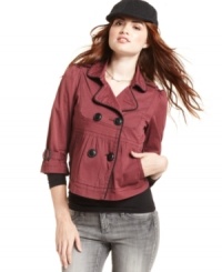 Transition from this season to that in a three-quarter sleeve jacket that sports classic, double-breast style and an adorable empire-waist design! From American Rag. Transition from this season to that in a three-quarter sleeve jacket that sports classic, double-breast style and an adorable empire-waist design! From American Rag.
