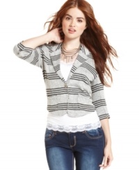 Cute cardi alert! This blazer-style sweater from American Rag features smart stripes and a shrunken fit. An ideal layer for school! Cute cardi alert! This blazer-style sweater from American Rag features smart stripes and a shrunken fit. An ideal layer for school!