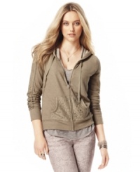 Keep it casual with American Rag's cute hoodie. Lace pockets give this essential a flirty touch. Keep it casual with American Rag's cute hoodie. Lace pockets give this essential a flirty touch.