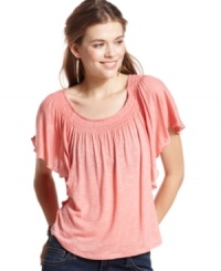 American Rag updates the peasant top with slub-knit fabric and charming flutter sleeves. A super-cute piece for every day style! American Rag updates the peasant top with slub-knit fabric and charming flutter sleeves. A super-cute piece for every day style!