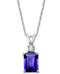 Don't be afraid to shine. This stunning pendant features a rectangular amethyst (1-5/8 ct. t.w.) and a sparkling diamond accent. Set in 14k white gold. Approximate length: 18 inches. Approximate drop: 1/2 inch. Don't be afraid to shine. This stunning pendant features a rectangular amethyst (1-5/8 ct. t.w.) and a sparkling diamond accent. Set in 14k white gold. Approximate length: 18 inches. Approximate drop: 1/2 inch.