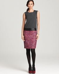 Exude polished perfect in one simple step as a sleek bodice tops a classic tweed skirt for a chic Lafayette 148 New York sheath dress, finished with a faux-leather banded waist for modern femininity. Exude polished perfect in one simple step as a sleek bodice tops a classic tweed skirt for a chic Lafayette 148 New York sheath dress, finished with a faux-leather banded waist for modern femininity.