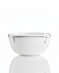 With a pure white finish and simple, geometric edge in durable bone china, the Links cereal bowl from Hotel Collection has a look of quiet elegance that's ideal at modern tables. With a pure white finish and simple, geometric edge in durable bone china, the Links cereal bowl from Hotel Collection has a look of quiet elegance that's ideal at modern tables.