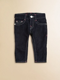 Thick, contrast stitching with neon bartacks, silvertone hardware and signature pockets define this comfy, slim-fitting pair.Front button closureAdjustable waistband with belt loopsZip flyFive-pocket styleCotton/SpandexMachine washImported of domestic fabric Thick, contrast stitching with neon bartacks, silvertone hardware and signature pockets define this comfy, slim-fitting pair.Front button closureAdjustable waistband with belt loopsZip flyFive-pocket styleCotton/SpandexMachine washImported of domestic fabric