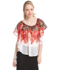 Wispy, ruffled chiffon plus a gorgeous floral print make this top from BCX both romantic and chic! Wispy, ruffled chiffon plus a gorgeous floral print make this top from BCX both romantic and chic!
