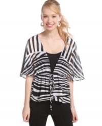 Dare to be bold in this kimono-esque top from BCX, made cute with graphic stripes! Dare to be bold in this kimono-esque top from BCX, made cute with graphic stripes!