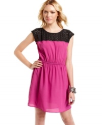 Perforated in laser cutouts and rocking super-stark colorblock style, BeBop's cap sleeve dress is a vivid look for day! Perforated in laser cutouts and rocking super-stark colorblock style, BeBop's cap sleeve dress is a vivid look for day!