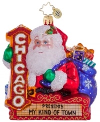 Santa does some sightseeing as he's circling the globe, stopping in at the Chicago Theater in this handcrafted ornament from Christopher Radko. Now showing: My Kind of Town. Santa does some sightseeing as he's circling the globe, stopping in at the Chicago Theater in this handcrafted ornament from Christopher Radko. Now showing: My Kind of Town.