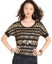 Metallic sequins form a chic tribal design and deliver gilded cool to this short sleeve top from Belle Du Jour! Metallic sequins form a chic tribal design and deliver gilded cool to this short sleeve top from Belle Du Jour!