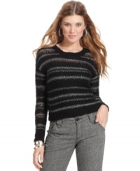 Festive, metallic stripes finish JJ Basic's open-knit sweater with a touch of downtown glam. Festive, metallic stripes finish JJ Basic's open-knit sweater with a touch of downtown glam.