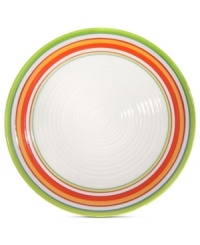 A brilliant line up. Calypso salad plates brighten every day with hand-painted bands of tropical color in easy-care earthenware. From Clay Art. A brilliant line up. Calypso salad plates brighten every day with hand-painted bands of tropical color in easy-care earthenware. From Clay Art.