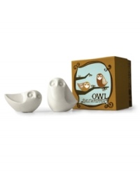 Give two hoots. White porcelain salt and pepper shakers in the shape of owls and packaged in a beautifully designed box epitomize chic, Jonathan Adler style. Give two hoots. White porcelain salt and pepper shakers in the shape of owls and packaged in a beautifully designed box epitomize chic, Jonathan Adler style.