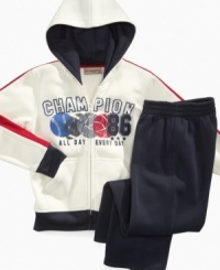 Don't mess with a winning style. This comfy Champion hoodie and pants set from Kids Headquarters complements his sporty look. Don't mess with a winning style. This comfy Champion hoodie and pants set from Kids Headquarters complements his sporty look.