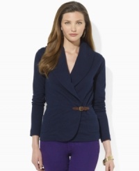 Imbued with heritage appeal, Lauren Jeans Co.'s timeless shawl-collar cardigan is rendered in soft cotton with a faux-suede buckle detail. (Clearance)