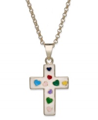 Cross your hearts! Lily Nily's necklace features a enamel cross pendant with colorful hearts for a vibrant touch. Set in 18k gold over sterling silver. Item comes packaged in a signature Lily Nily Gift Box. Approximate length: 14 inches. Approximate drop length: 3/4 inch. Approximate drop width: 1/2 inch. Cross your hearts! Lily Nily's necklace features a enamel cross pendant with colorful hearts for a vibrant touch. Set in 18k gold over sterling silver. Item comes packaged in a signature Lily Nily Gift Box. Approximate length: 14 inches. Approximate drop length: 3/4 inch. Approximate drop width: 1/2 inch.