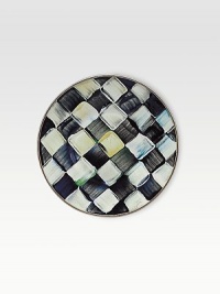 A charming enamelware design, destined for the first or last course in a handpainted checkerboard juxtaposition of ivory and onyx with bronzed stainless steel trim. Enameled steel 8 diam. Dishwasher safe Made in USA A charming enamelware design, destined for the first or last course in a handpainted checkerboard juxtaposition of ivory and onyx with bronzed stainless steel trim. Enameled steel 8 diam. Dishwasher safe Made in USA