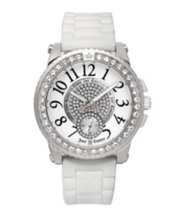 Show your pedigree and layer on the sparkling crystals with Juicy Couture's watch. White jelly strap and round stainless steel case. Bezel crystallized with Swarovski elements. Textured white dial features an inner dial of Swarovski crystals ringed by the phrase Time for Couture, black numerals, crystal-accented subdial at six o'clock and logo. Quartz movement. Water resistant to 30 meters. Two-year limited warranty. Show your pedigree and layer on the sparkling crystals with Juicy Couture's watch. White jelly strap and round stainless steel case. Bezel crystallized with Swarovski elements. Textured white dial features an inner dial of Swarovski crystals ringed by the phrase Time for Couture, black numerals, crystal-accented subdial at six o'clock and logo. Quartz movement. Water resistant to 30 meters. Two-year limited warranty.