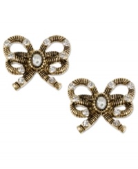 Industrial beauties. These sweet Betsey Johnson earrings feature golden rope bows with crystal accents. Set in gold tone mixed metal. Approximate drop: 3/5 inch. Industrial beauties. These sweet Betsey Johnson earrings feature golden rope bows with crystal accents. Set in gold tone mixed metal. Approximate drop: 3/5 inch.