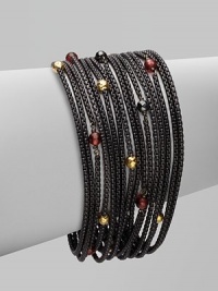 From the Black and Gold Chain Collection. Beautiful garnet, hematite and 18k gold beads accent this blackened sterling silver box chain design. Garnet, hematite and 18k gold beadsBlackened sterling silverLength, about 7½Push clasp closureImported From the Black and Gold Chain Collection. Beautiful garnet, hematite and 18k gold beads accent this blackened sterling silver box chain design. Garnet, hematite and 18k gold beadsBlackened sterling silverLength, about 7½Push clasp closureImported