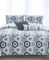 Cool comfort. Featuring a mod geo print in a palette of plum, white and blue, Bryan Keith's Dana Point reversible duvet cover set offers fresh, mix-and-match looks. Simply flip the duvet cover and shams to reveal a coordinating stripe print. What's more, matching decorative pillows tie it all together with style. (Clearance)