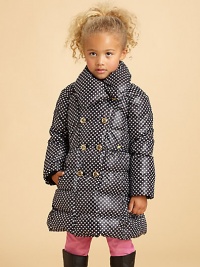 Warmth and style go hand in hand this winter, with an optical pattern of square-and-round dots and smart, shapely details with an ultra warm down fill.Wide, puffy convertible collarLong raglan sleeves with inner knit cuffsDouble-breasted front with bold gold buttonsSeamed waist with Juicy heart charmFront pocketsFully linedDown/feather fillPolyesterMachine washImported Please note: Number of buttons may vary depending on size ordered. Warmth and style go hand in hand this winter, with an optical pattern of square-and-round dots and smart, shapely details with an ultra warm down fill.Wide, puffy convertible collarLong raglan sleeves with inner knit cuffsDouble-breasted front with bold gold buttonsSeamed waist with Juicy heart charmFront pocketsFully linedDown/feather fillPolyesterMachine washImported Please note: Number of buttons may vary depending on size ordered.