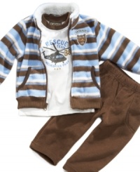 He may be too young to navigate, but this shirt, pant and jacket set from Nannette will keep him comfy and ready to fly when you are. He may be too young to navigate, but this shirt, pant and jacket set from Nannette will keep him comfy and ready to fly when you are.