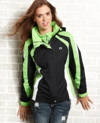Layer your outdoor look with Dollhouse's sporty, hooded jacket! A detachable shell reveals a fleece sweater that can be worn with your jeans or leggings. Layer your outdoor look with Dollhouse's sporty, hooded jacket! A detachable shell reveals a fleece sweater that can be worn with your jeans or leggings.