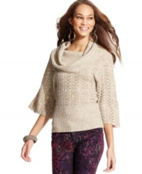 Slip into this comfy-cozy sweater from Dolled Up! Pointelle-knit design, three-quarter sleeves and an oversized cowl neck inspire warm thoughts. Slip into this comfy-cozy sweater from Dolled Up! Pointelle-knit design, three-quarter sleeves and an oversized cowl neck inspire warm thoughts.