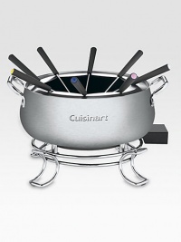 Now fondue is easier than ever thanks to this electric fondue set with a heating element built into the base of the pot and a thermostat that adjusts to a wide range of temperature settings. Prepare chocolate, cheese, broth or oil fondues in this elegant 3-quart brushed stainless pot. The nonstick pot offers superb food release, and the entire unit is dishwasher safe. Now fondue is easier than ever thanks to this electric fondue set with a heating element built into the base of the pot and a thermostat that adjusts to a wide range of temperature settings. Prepare chocolate, cheese, broth or oil fondues in this elegant 3-quart brushed stainless pot. The nonstick pot offers superb food release, and the entire unit is dishwasher safe.